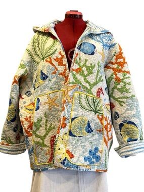 Handmade Colorful Quilted Women's Jacket - coral reef motif